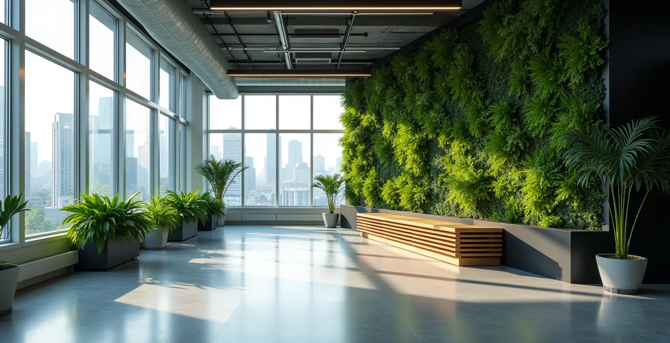 Bureau moderne avec espaces verts et lumière naturelle