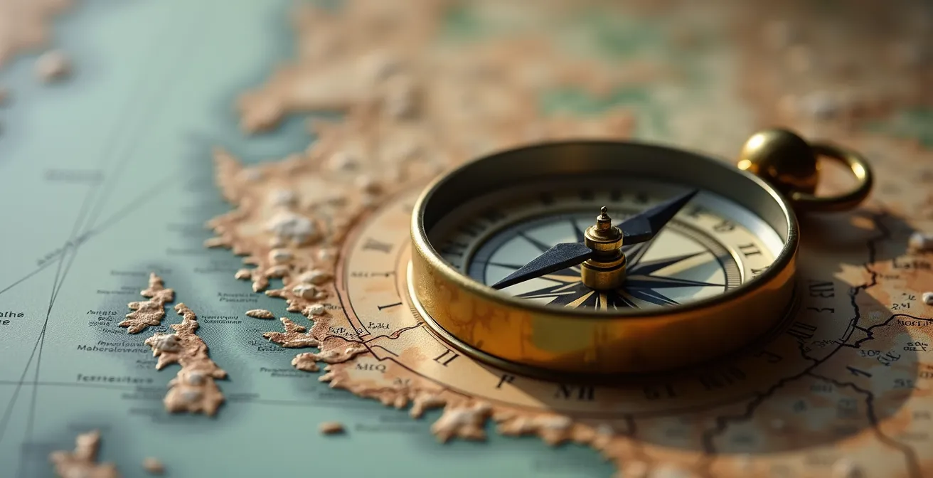 Boussole métallique sur carte topographique représentant l'orientation stratégique